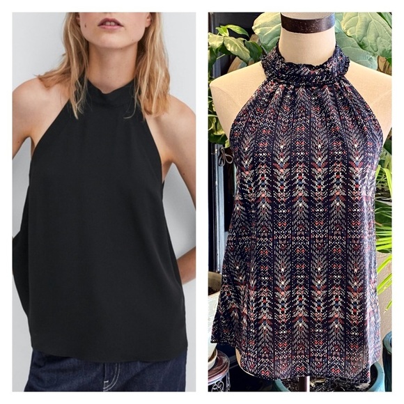 Zara Mock Neck Suede Tie Halter Top - Picture 1 of 12